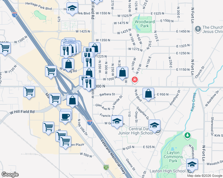 map of restaurants, bars, coffee shops, grocery stores, and more near 232 West Gordon Avenue in Layton