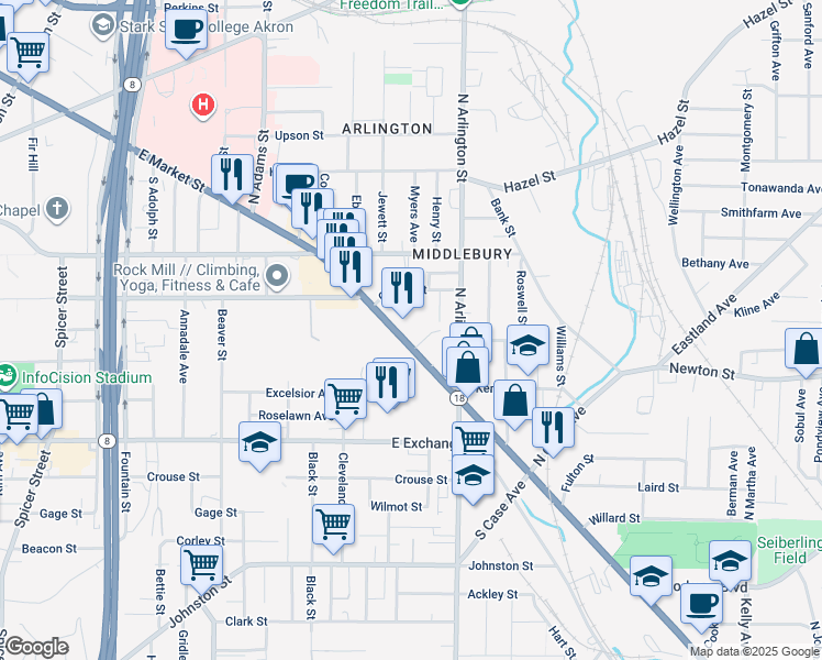map of restaurants, bars, coffee shops, grocery stores, and more near 20 Maxine Place in Akron
