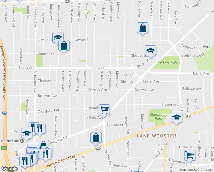 map of restaurants, bars, coffee shops, grocery stores, and more near 1097 Packard Drive in Akron