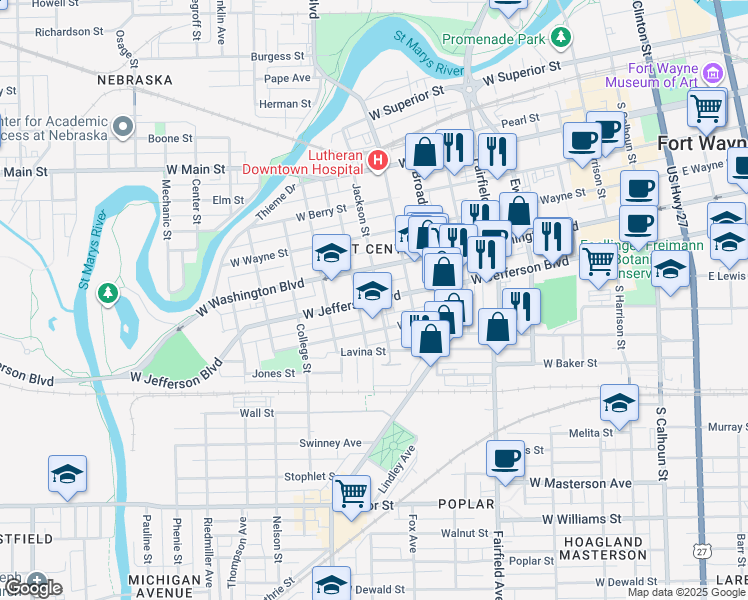 map of restaurants, bars, coffee shops, grocery stores, and more near 1032 Jackson Street in Fort Wayne