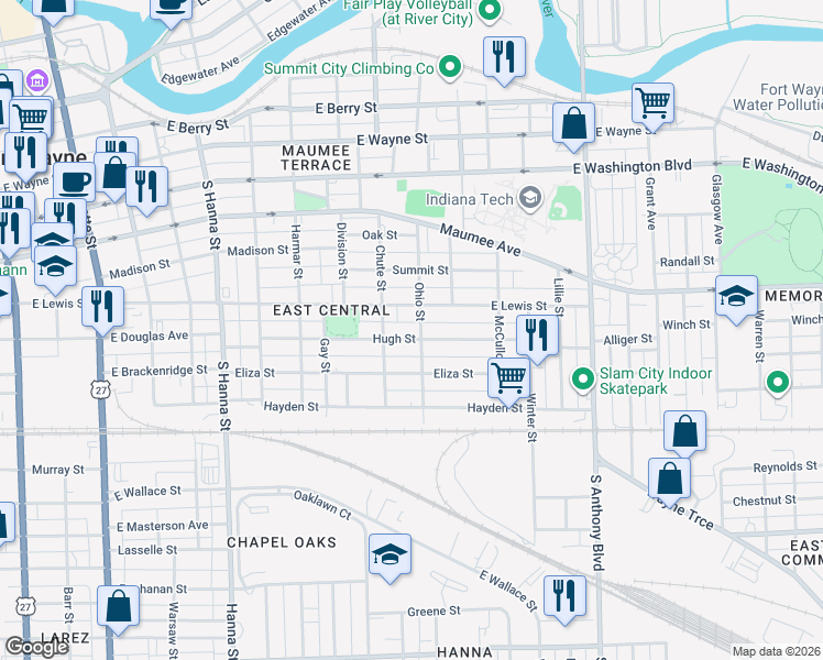 map of restaurants, bars, coffee shops, grocery stores, and more near 1231 Hugh Street in Fort Wayne