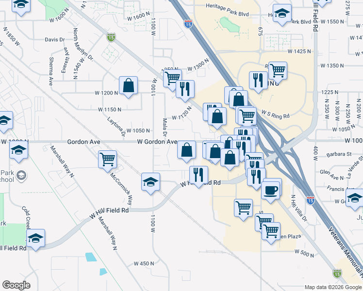 map of restaurants, bars, coffee shops, grocery stores, and more near 1066 North 1075 West in Layton