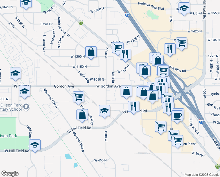 map of restaurants, bars, coffee shops, grocery stores, and more near 1171 West Gordon Avenue in Layton