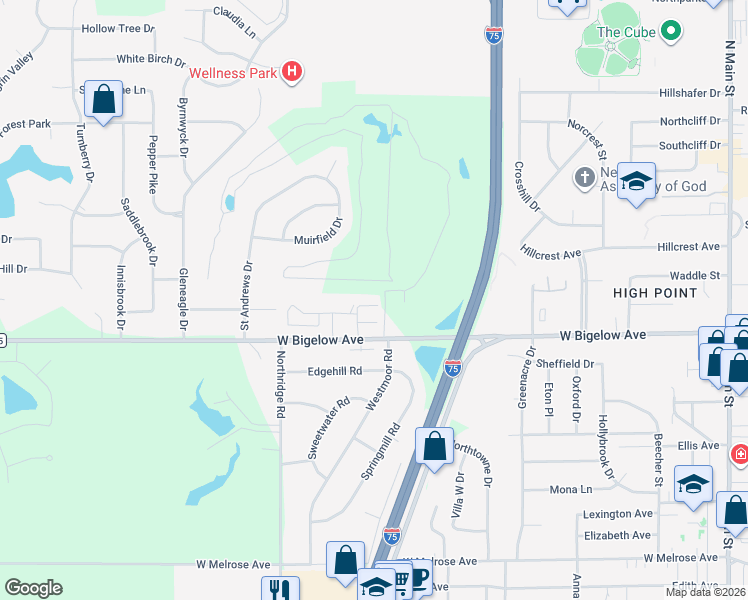 map of restaurants, bars, coffee shops, grocery stores, and more near 72 Springwood Condos in Findlay