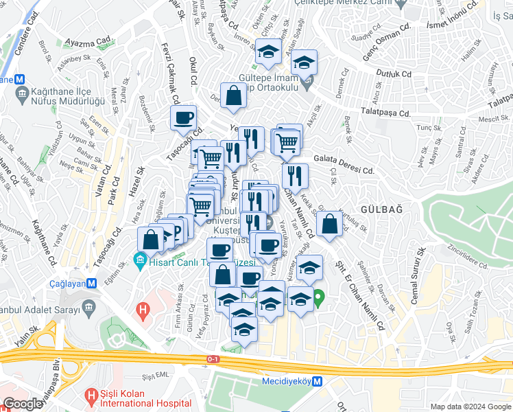 map of restaurants, bars, coffee shops, grocery stores, and more near İnönü Caddesi in Şişli