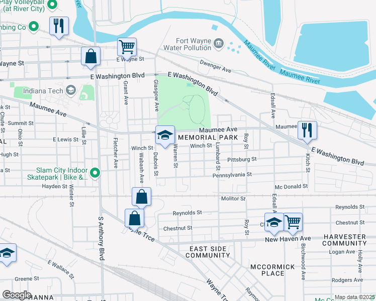 map of restaurants, bars, coffee shops, grocery stores, and more near 2326 Winch Street in Fort Wayne