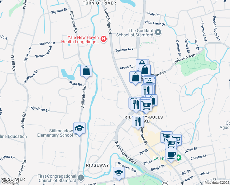 map of restaurants, bars, coffee shops, grocery stores, and more near 120 Long Ridge Road in Stamford