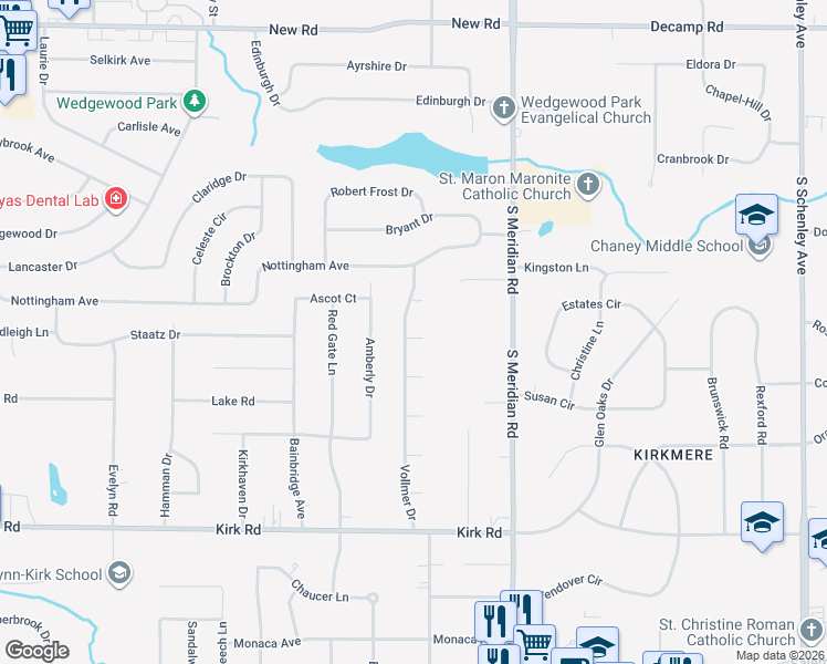 map of restaurants, bars, coffee shops, grocery stores, and more near 2445 Vollmer Dr in Youngstown