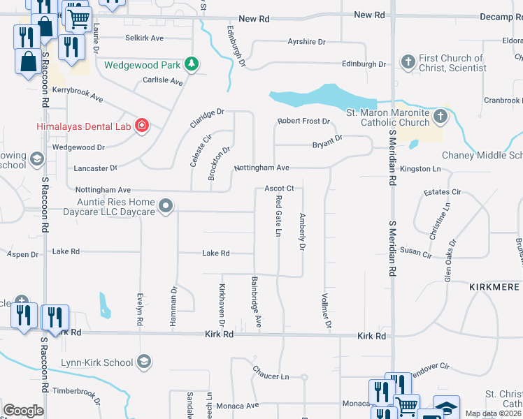 map of restaurants, bars, coffee shops, grocery stores, and more near 2738 Bainbridge Avenue in Youngstown