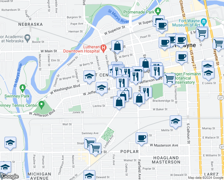 map of restaurants, bars, coffee shops, grocery stores, and more near 801 West Jefferson Boulevard in Fort Wayne