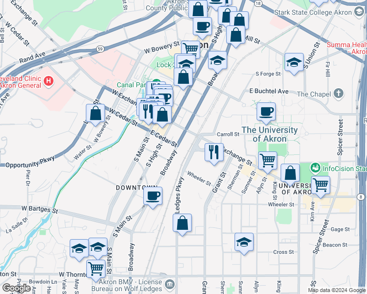 map of restaurants, bars, coffee shops, grocery stores, and more near 80 East Exchange Street in Akron