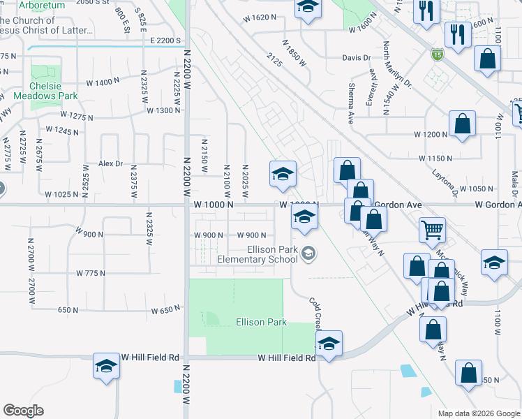 map of restaurants, bars, coffee shops, grocery stores, and more near 1945 West Gordon Avenue in Layton
