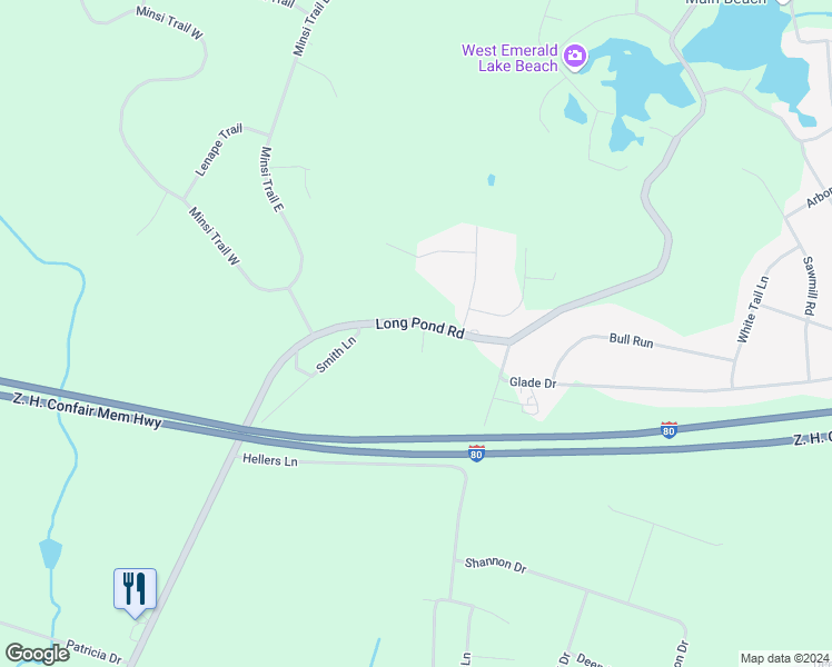 map of restaurants, bars, coffee shops, grocery stores, and more near 2270 Long Pond Road in Long Pond