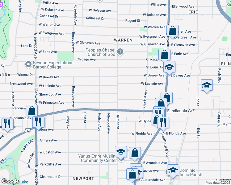 map of restaurants, bars, coffee shops, grocery stores, and more near 2530 Hillman Street in Youngstown