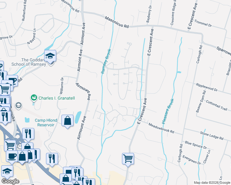 map of restaurants, bars, coffee shops, grocery stores, and more near 135 Fisher Road in Mahwah