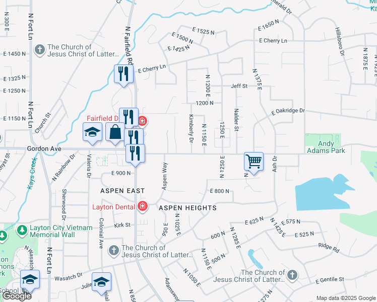 map of restaurants, bars, coffee shops, grocery stores, and more near 1015 Kimberly Drive in Layton