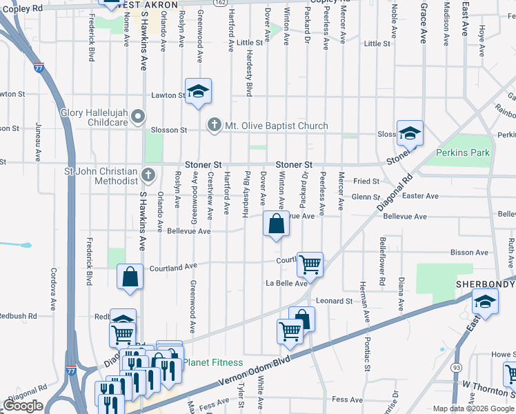 map of restaurants, bars, coffee shops, grocery stores, and more near 1144 Dover Ave in Akron