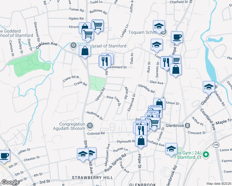 map of restaurants, bars, coffee shops, grocery stores, and more near 37 Norman Road in Stamford