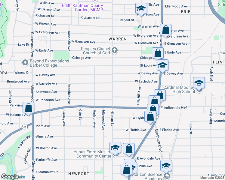 map of restaurants, bars, coffee shops, grocery stores, and more near 2517 Hillman Street in Youngstown