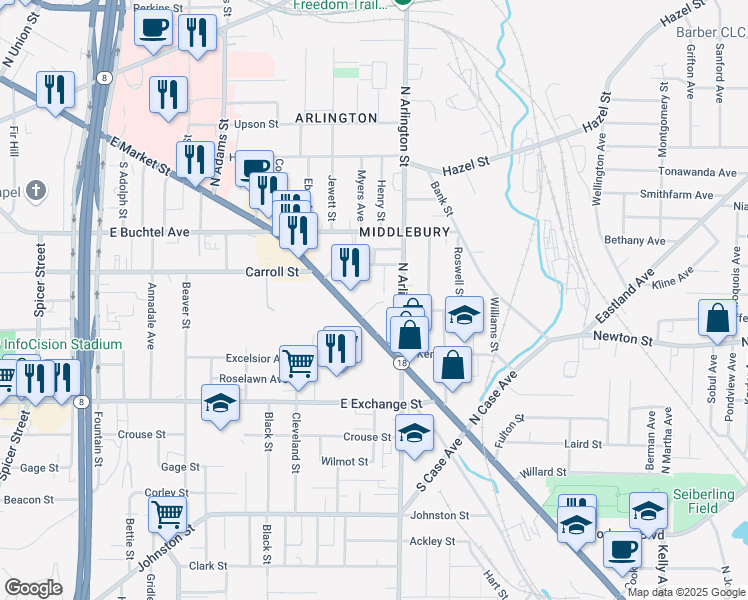 map of restaurants, bars, coffee shops, grocery stores, and more near 20 Maxine Pl in Akron