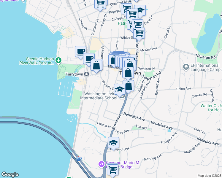 map of restaurants, bars, coffee shops, grocery stores, and more near 50 Franklin Street in Tarrytown