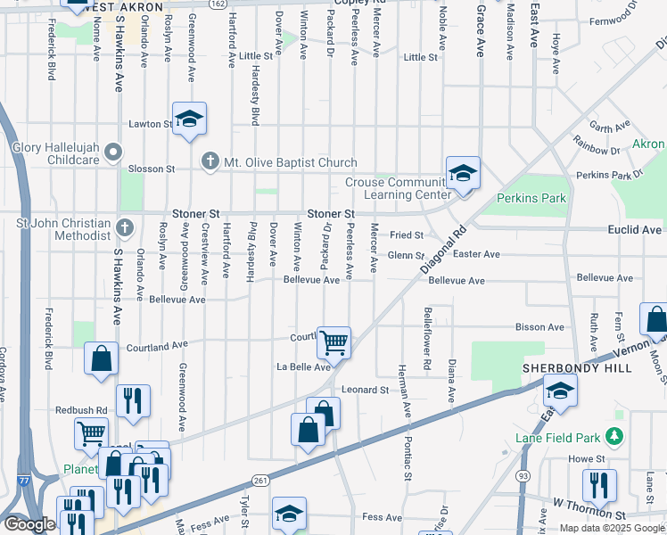 map of restaurants, bars, coffee shops, grocery stores, and more near 1097 Packard Dr in Akron