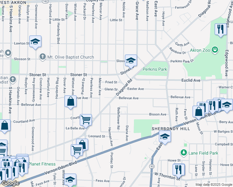 map of restaurants, bars, coffee shops, grocery stores, and more near 1122 Diagonal Road in Akron