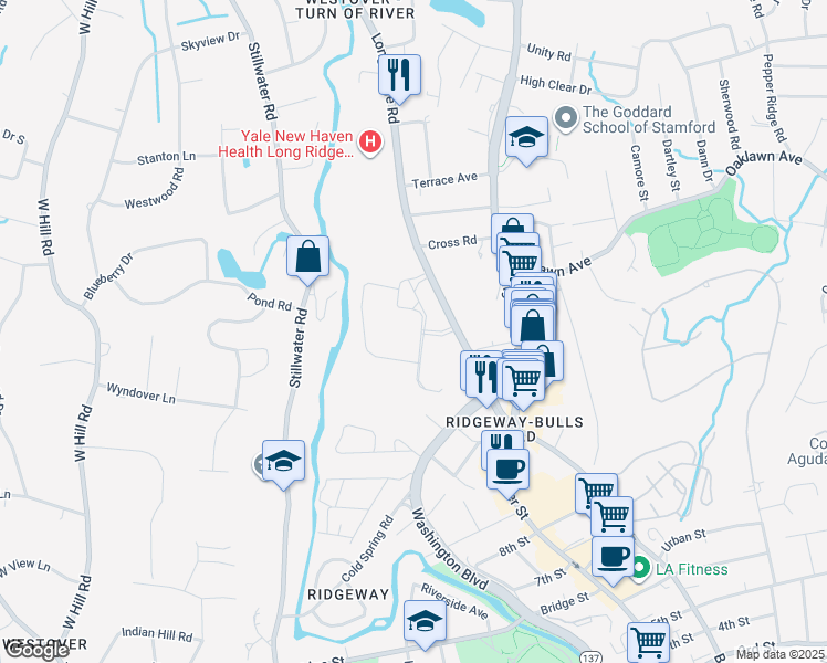 map of restaurants, bars, coffee shops, grocery stores, and more near 120 Long Ridge Rd in Stamford