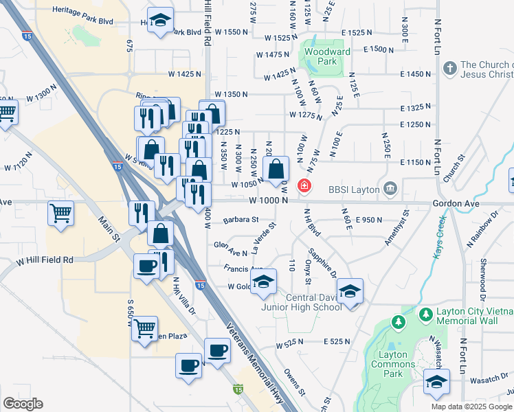 map of restaurants, bars, coffee shops, grocery stores, and more near 232 West Gordon Avenue in Layton