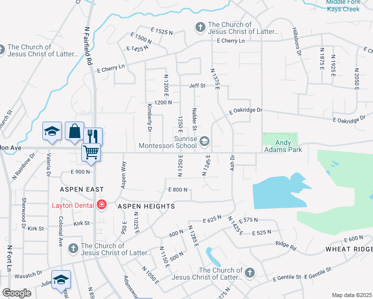map of restaurants, bars, coffee shops, grocery stores, and more near 1297 East Rainbow Drive in Layton