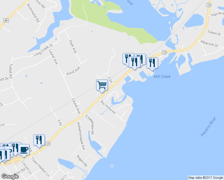 map of restaurants, bars, coffee shops, grocery stores, and more near 545 Budds Pond Road in Southold