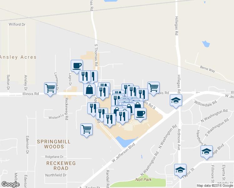 map of restaurants, bars, coffee shops, grocery stores, and more near Illinois Road in Fort Wayne