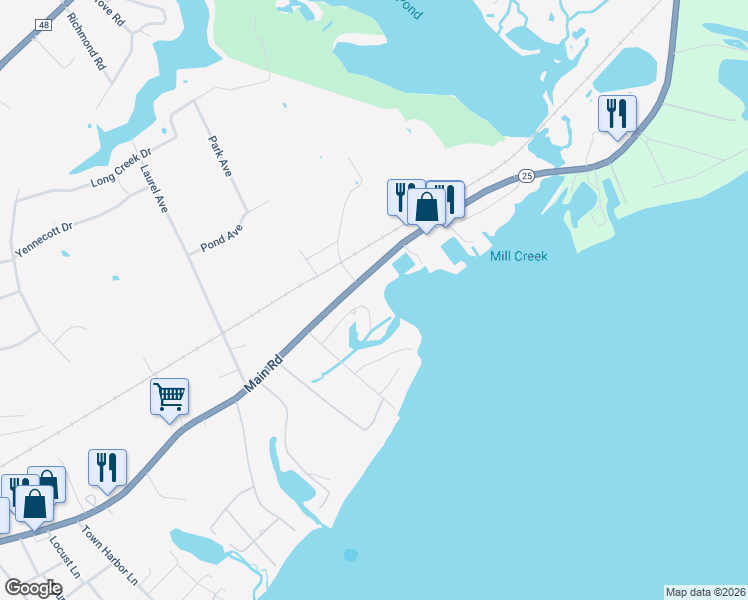 map of restaurants, bars, coffee shops, grocery stores, and more near 745 Budds Pond Road in Southold