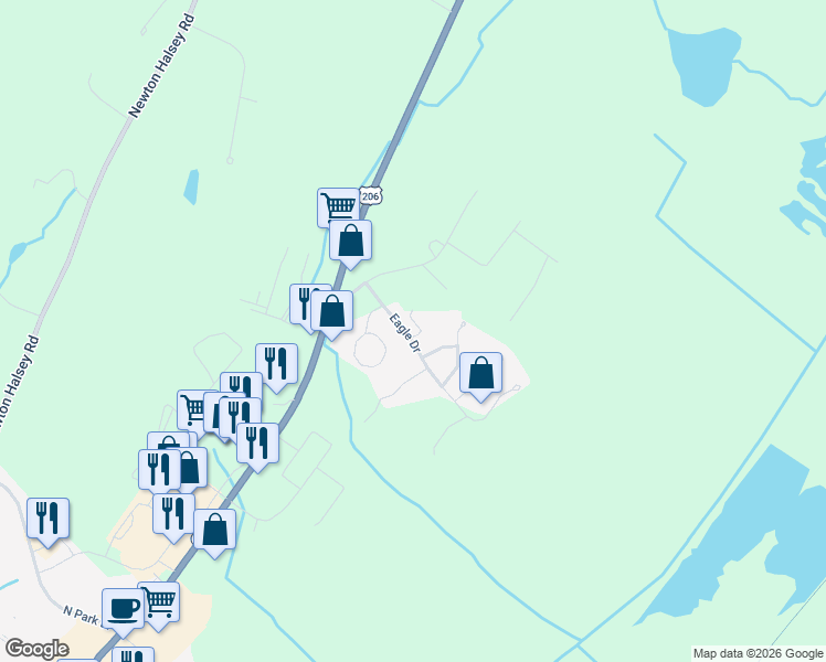 map of restaurants, bars, coffee shops, grocery stores, and more near 10 Bluebird Court in Newton