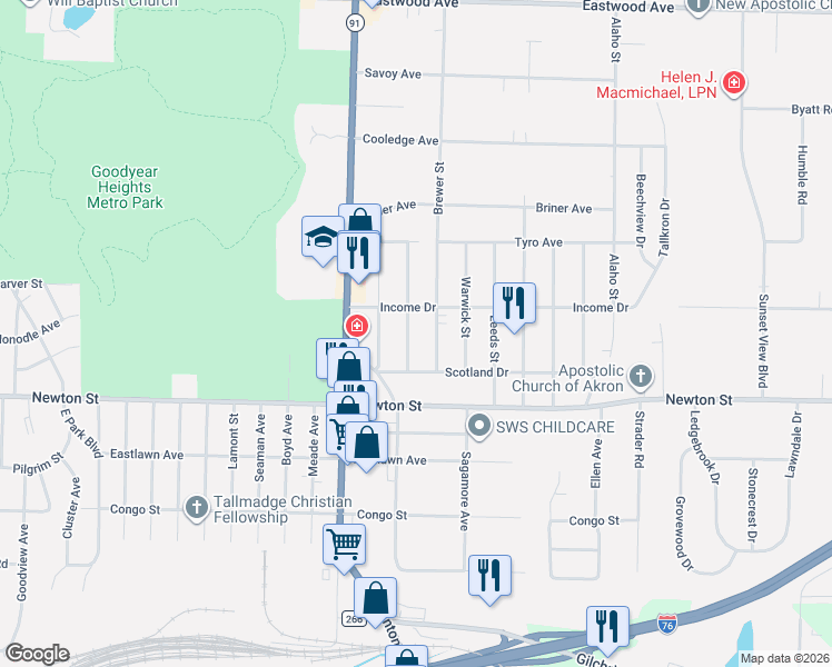map of restaurants, bars, coffee shops, grocery stores, and more near 397 Crystal St in Akron