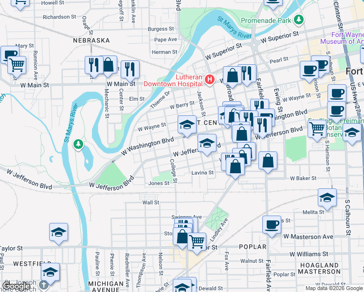 map of restaurants, bars, coffee shops, grocery stores, and more near 1018 Rockhill Street in Fort Wayne