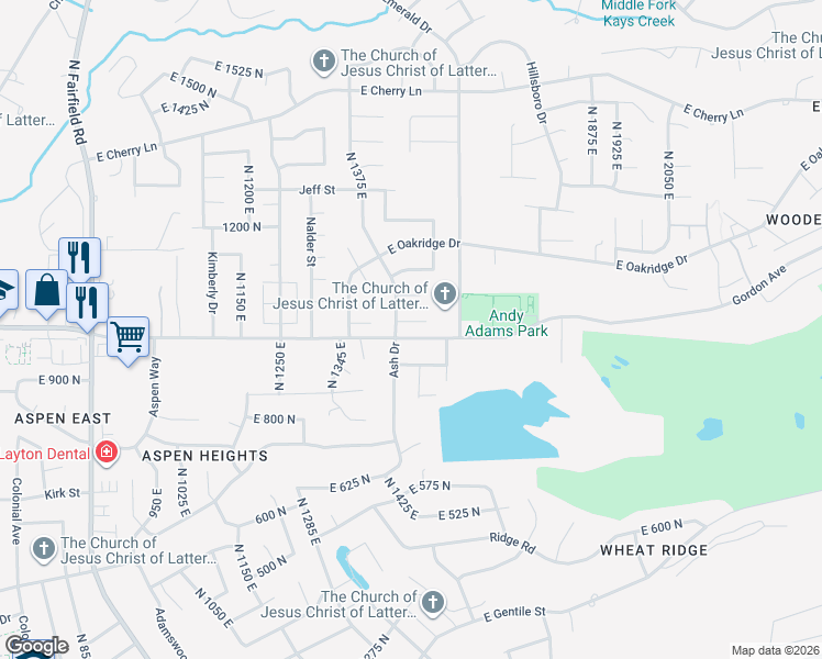 map of restaurants, bars, coffee shops, grocery stores, and more near 1490 Wintergreen Circle in Layton
