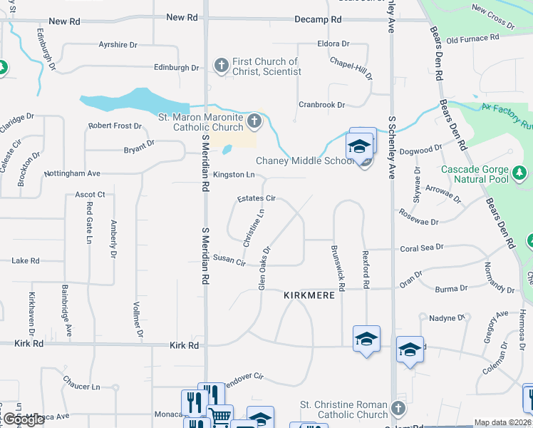 map of restaurants, bars, coffee shops, grocery stores, and more near 2617 Christine Lane in Youngstown