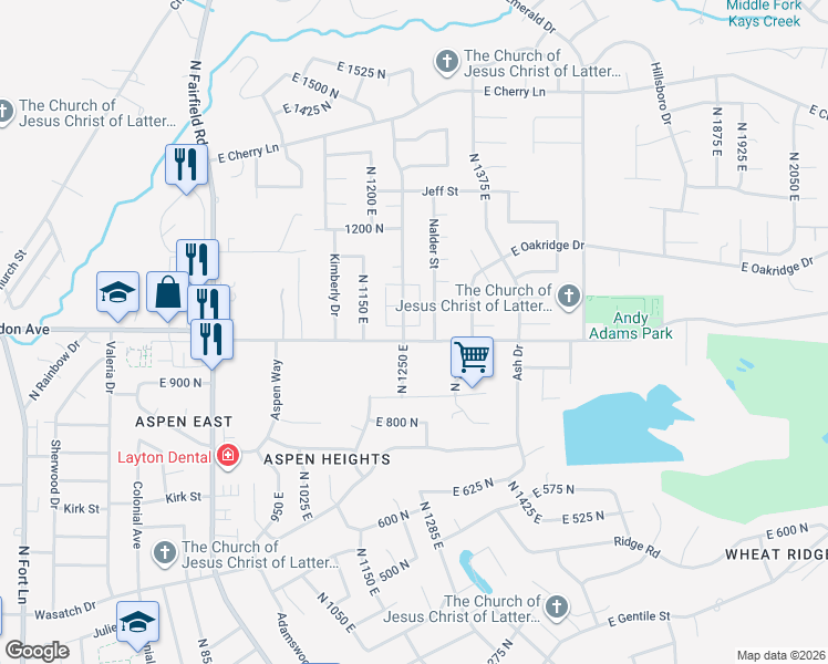 map of restaurants, bars, coffee shops, grocery stores, and more near 1297 East Rainbow Drive in Layton