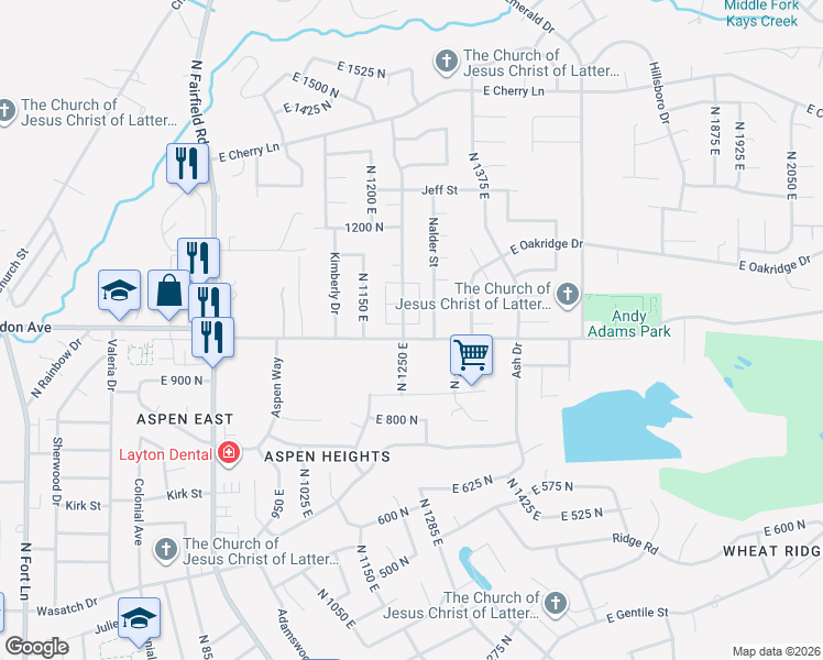 map of restaurants, bars, coffee shops, grocery stores, and more near 1297 East Rainbow Drive in Layton