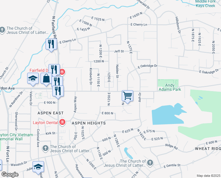map of restaurants, bars, coffee shops, grocery stores, and more near 1297 East Rainbow Drive in Layton