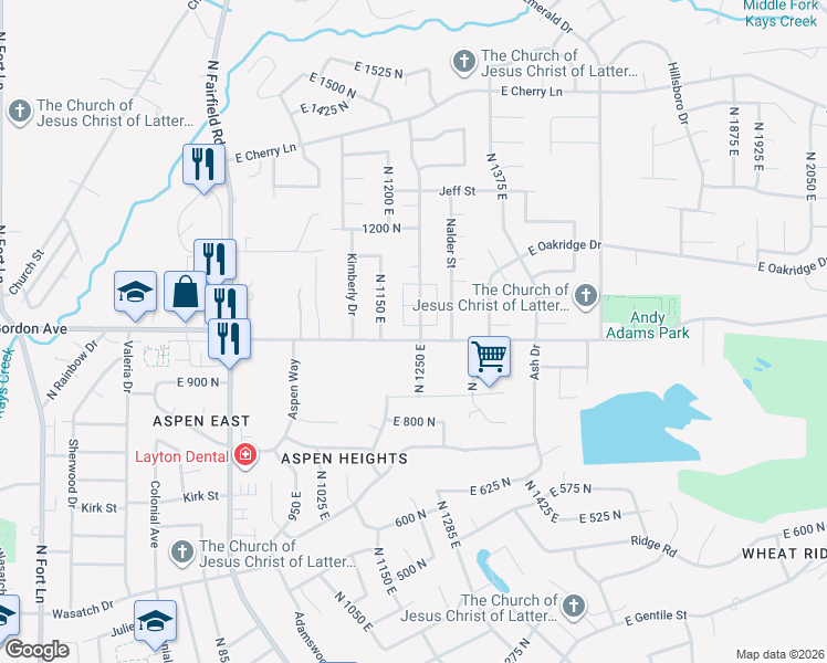 map of restaurants, bars, coffee shops, grocery stores, and more near 1215 East Gordon Avenue in Layton