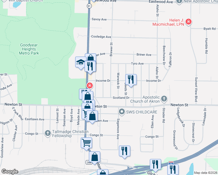 map of restaurants, bars, coffee shops, grocery stores, and more near 401 Brewer Avenue in Akron