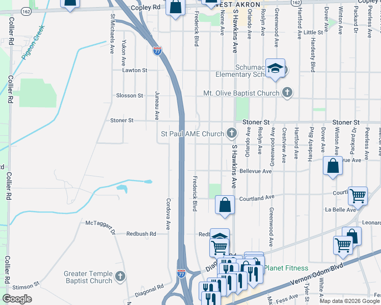 map of restaurants, bars, coffee shops, grocery stores, and more near 1277 Frederick Boulevard in Akron