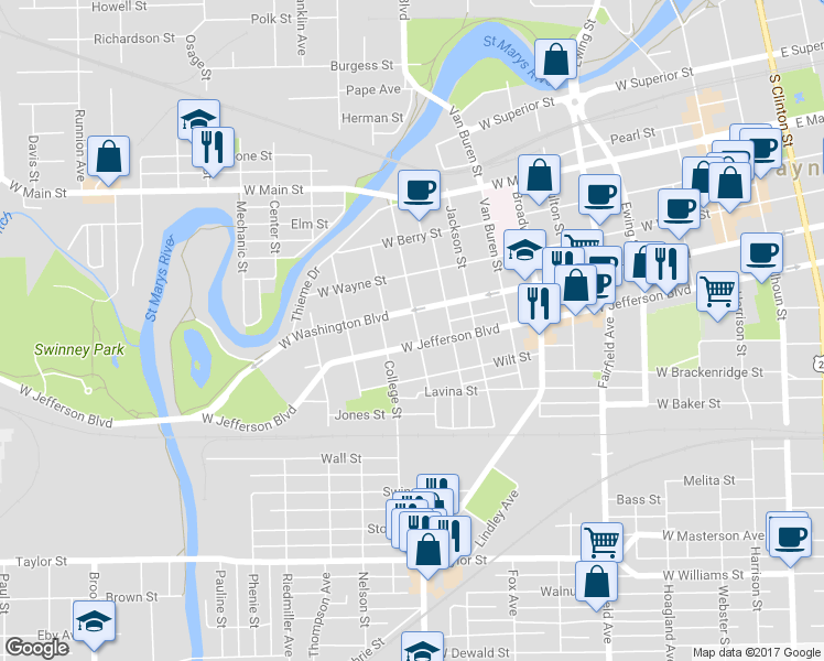 map of restaurants, bars, coffee shops, grocery stores, and more near 1011 College Street in Fort Wayne