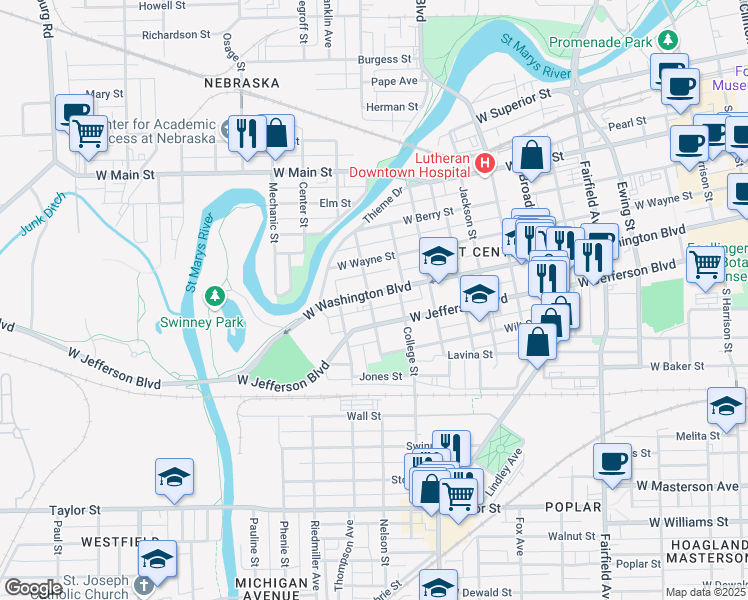 map of restaurants, bars, coffee shops, grocery stores, and more near 1235 West Washington Boulevard in Fort Wayne