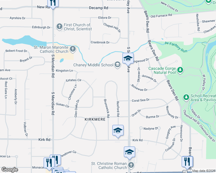map of restaurants, bars, coffee shops, grocery stores, and more near 2633 Brunswick Rd in Youngstown