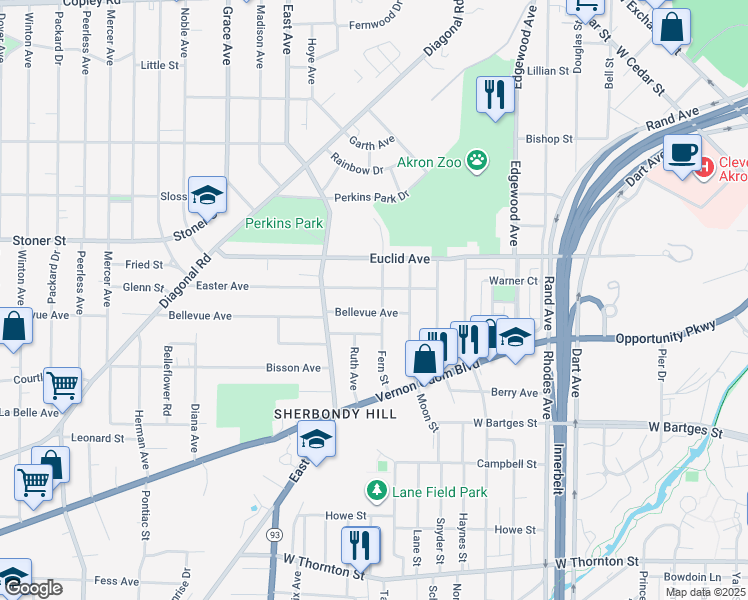 map of restaurants, bars, coffee shops, grocery stores, and more near 668 Fern Street in Akron