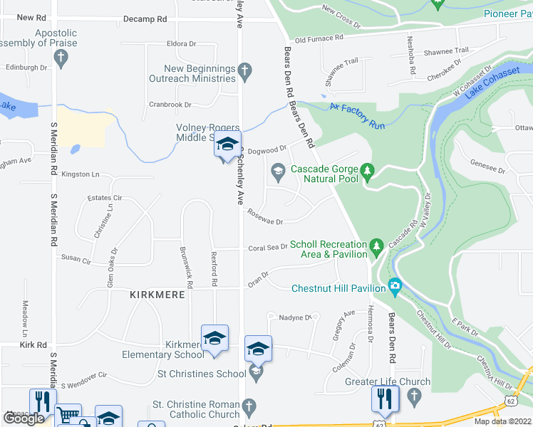 map of restaurants, bars, coffee shops, grocery stores, and more near 2702 Rosewae Drive in Youngstown