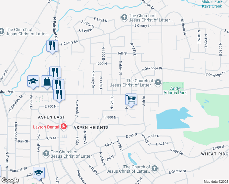 map of restaurants, bars, coffee shops, grocery stores, and more near 1297 East Rainbow Drive in Layton